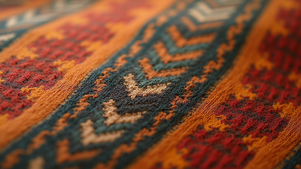 Close-up view of a handwoven African textile with intricate patterns