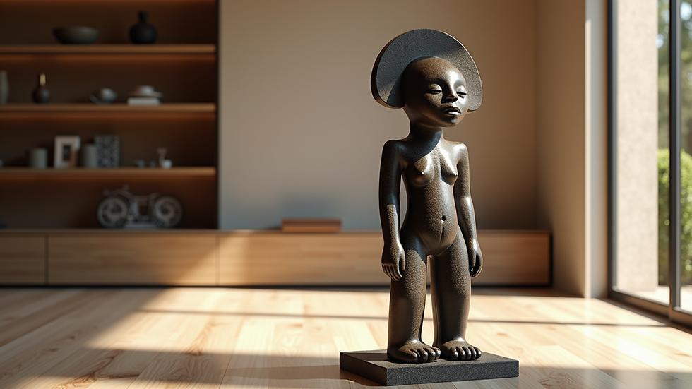 High angle view of a contemporary African sculpture displayed in a modern interior