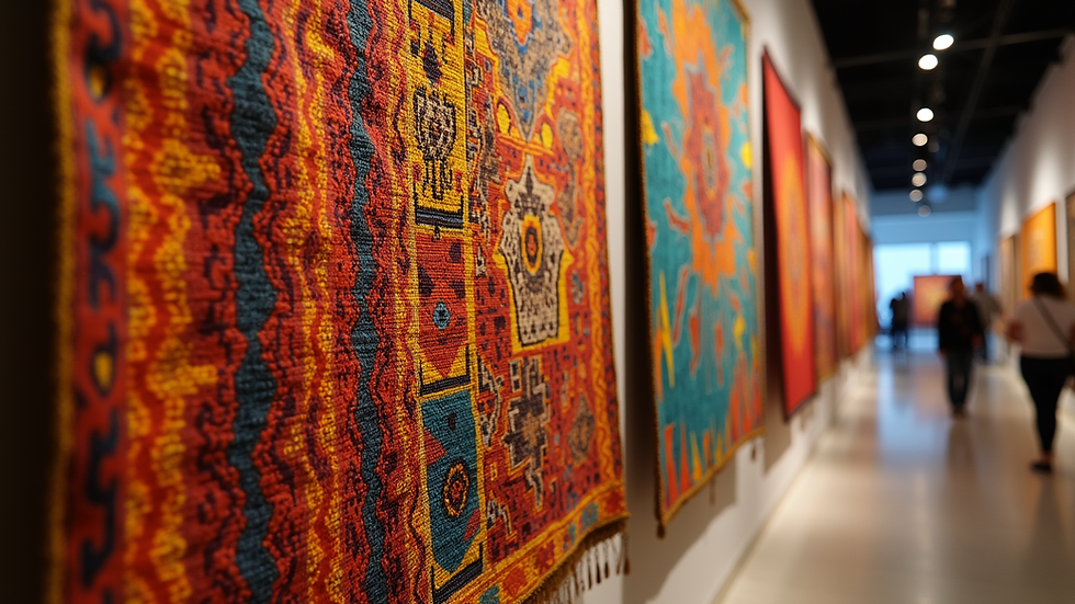 Eye-level view of a vibrant African textile displayed in a gallery setting