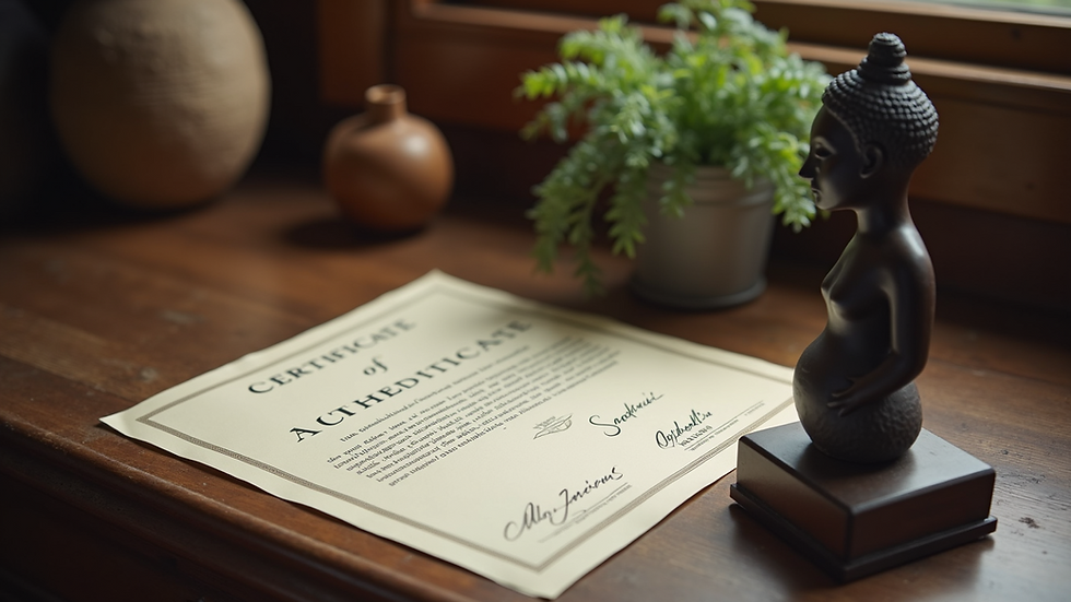 Close-up view of a certificate of authenticity beside an African sculpture