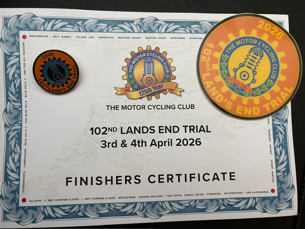 Certificate for the 102nd Land's End Trial, dated April 3rd-4th, 2026, with two colorful circular badges, featuring The Motor Cycling Club logo. AvVida Micro Adventures - Life is an Adventure. La Vida es Una Aventura.