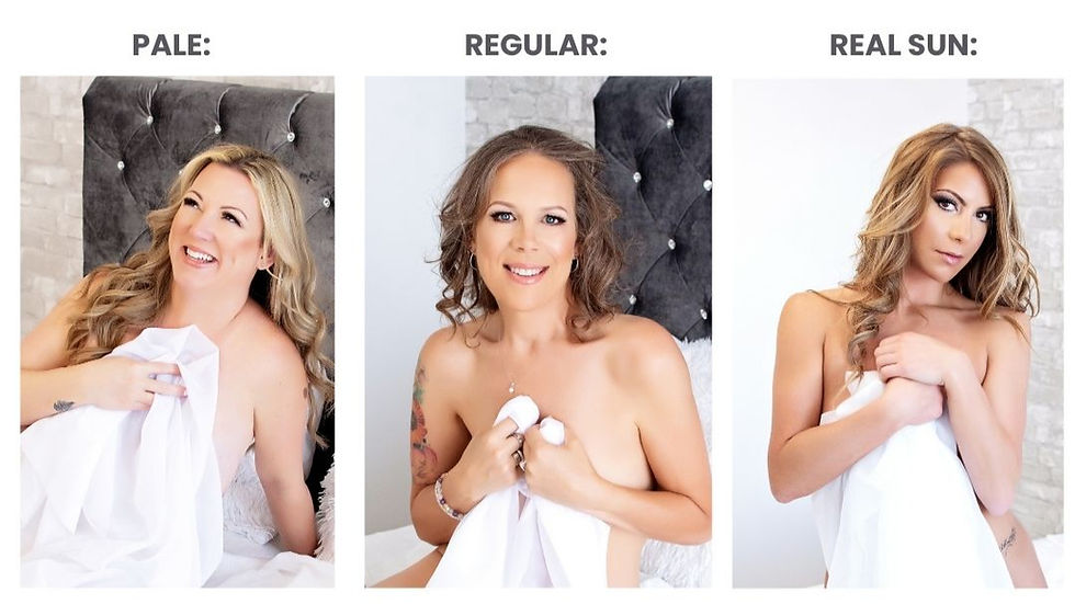 Three women side by side in the same pose with a white sheet showing skin color differences