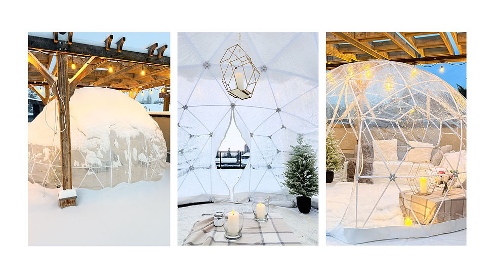 3 photo collage showing luxury rooftop winter igloo set for outdoor winter boudoir photography in Calgary during daytime, twilight and from inside looking out