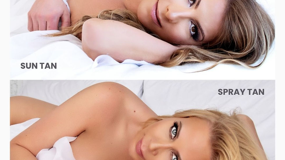 Two women in the same pose - laying in white sheets on their side. One has a spray tan; one does not.