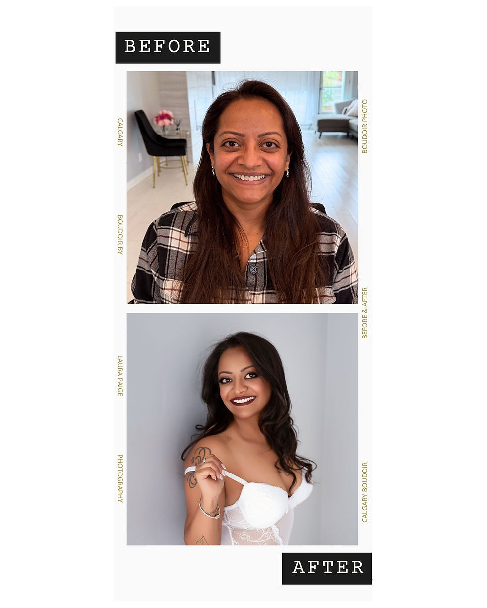 Boudoir before and after showing a dark-haired woman before her session and her finished portrait in white lingerie.