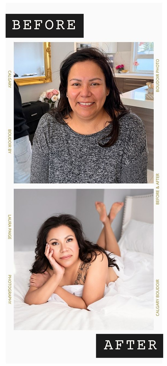 Before and after of a blonde woman transformed with professional hair, makeup and posing for Calgary boudoir photography.