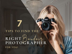 Blonde woman with camera and text overlay "7 tips to find the right boudoir photographer"