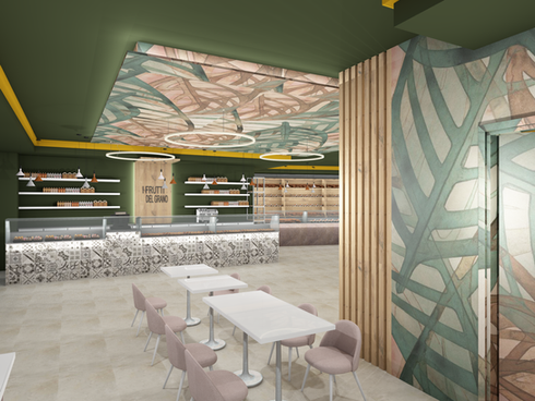 Rendering architettonico di una pasticceria con arredi su misura – Genser S.r.l