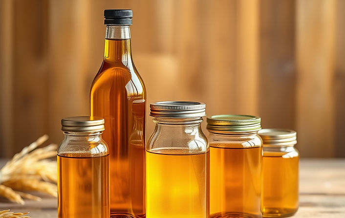 rice bran oil in bottles and jars placed on a wooden table background can be of golden ric