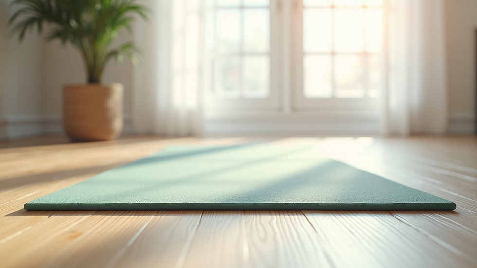 Eye-level view of a yoga mat set up in a bright, calm space