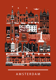 De illustratie is opgebouwd in de kleuren van Amsterdam: Het krachtig rood en zwart, helder en direct.
