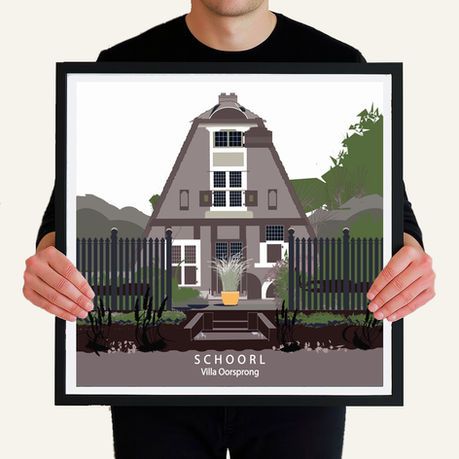 Illustratie van Villa Oorsprong in Schoorl, een rijksmonument uit het begin van de 20e eeuw. De villa heeft een steile daklijn, symmetrische gevel en centrale entree, en ligt aan de rand van het duingebied. De afbeelding toont de karakteristieke bouwstijl van Schoorl rond 1910.