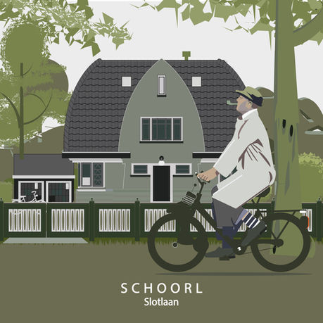 Illustratie van een fietser die ontspannen over de Slotlaan in Schoorl rijdt. Op de achtergrond staat De Bongerd, een vrijstaand huis uit 1925 in Amsterdamse School‑stijl, met zijn karakteristieke lijnen en donkere dak. Voor het huis staat een witte houten omheining, omringd door bomen en groen. De sfeer is rustig en dorps, met een vleugje historie.