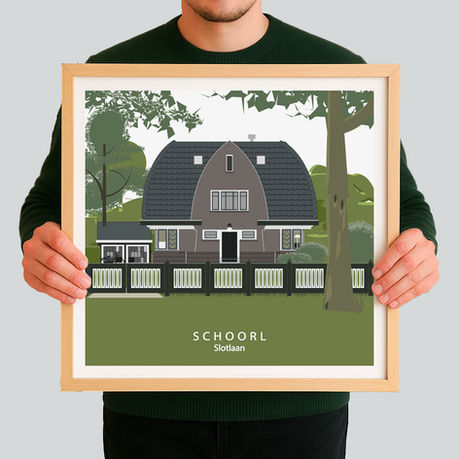Illustratie van een vrijstaand huis aan de Slotlaan in Schoorl, gebouwd in 1925 in Amsterdamse School‑stijl. Het huis heeft expressief metselwerk, karakteristieke lijnen en een asymmetrische vorm. Het staat op een ruim perceel aan een groene, rustige laan.