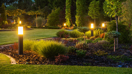 Panoramic Photo of LED Light Posts Illuminated Backyard Garden During Night Hours. Modern