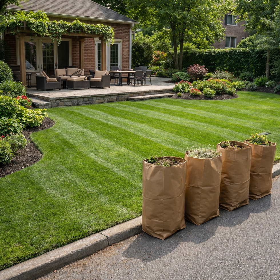 Backyard lawn and patio in Baby Point Toronto after a full spring cleanup with freshly cut grass and yard waste bags ready for pickup.