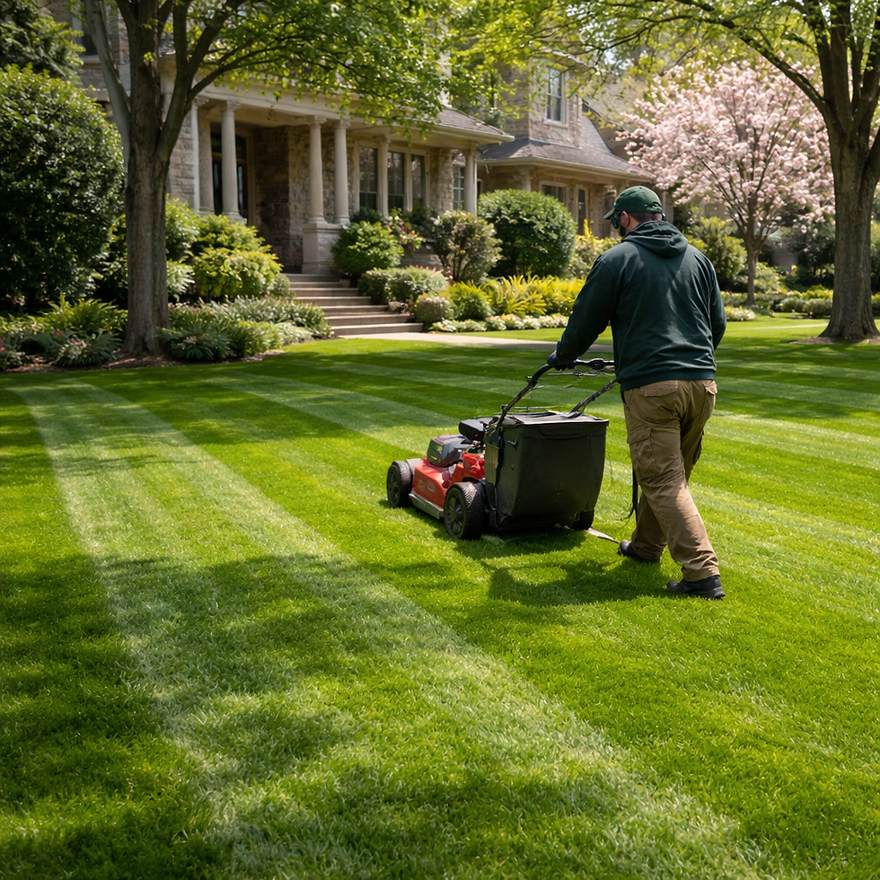Professional lawn mowing service in Baby Point Toronto creating striped mowing lines on a residential lawn.