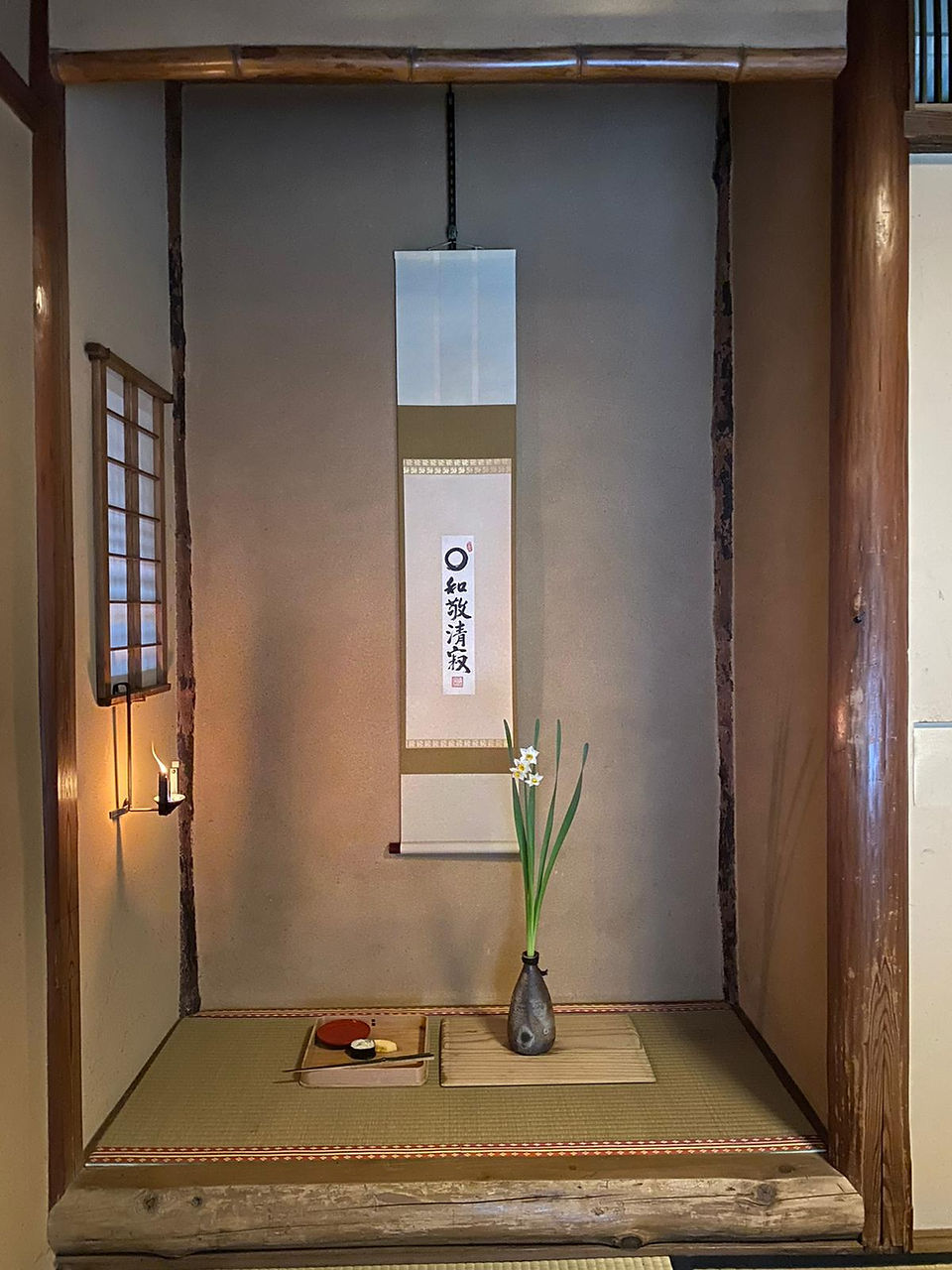 Japanese tokonoma and scroll in tea ceremony room