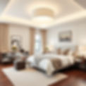 contemporary bedroom in cream colours with large ceiling light.jpg