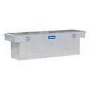 Silver UWS diamond-plate crossover truck toolbox with dual side locks.
