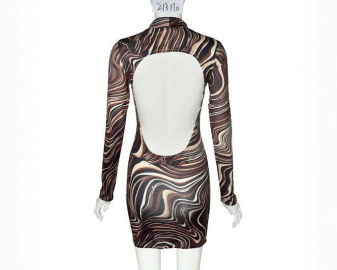 Thumbnail: Open Back Brown Swirl Long Sleeve Dress