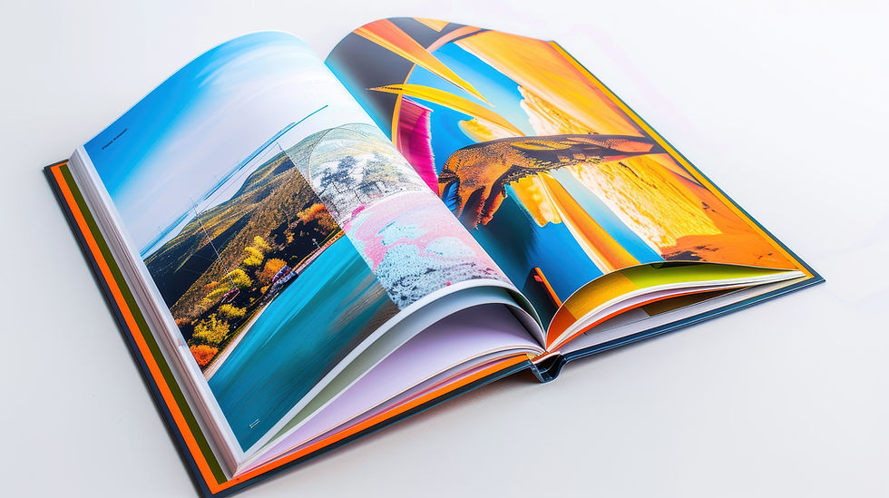 Coloured book showing two open printed pages