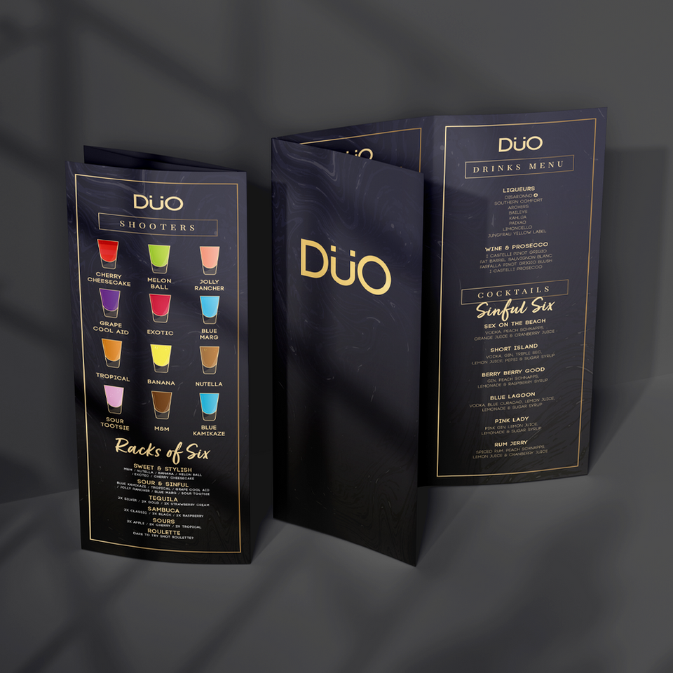 DUO Nightclub menu stood up