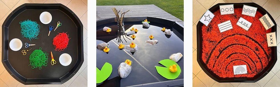 Das Bild zeigt, wie kreativ das Tuff Tray im Kindergarten und zuhause für Kinder eingesetzt werden kann