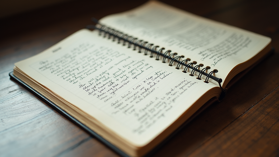High angle view of a notebook with handwritten biography notes
