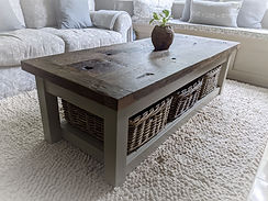 'Provence' Wagon Board Coffee Table with rattan wicker baskets and pod plant