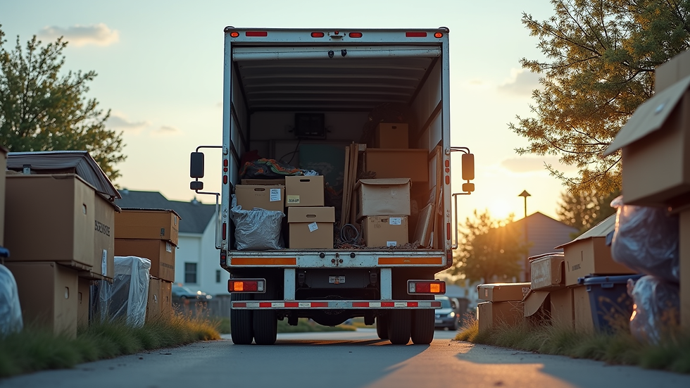 Eye-level view of a junk removal truck being loaded with household items