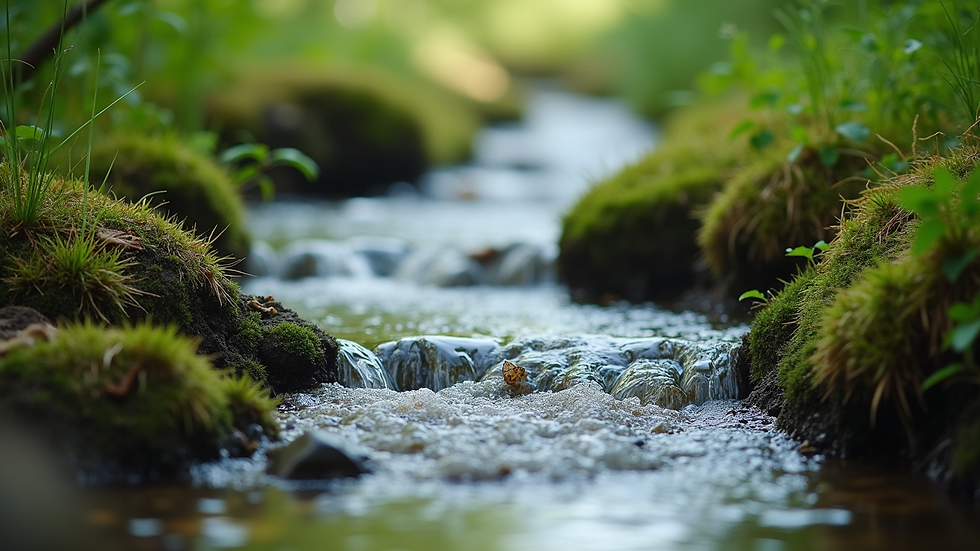 Close-up view of a serene nature scene with a flowing stream