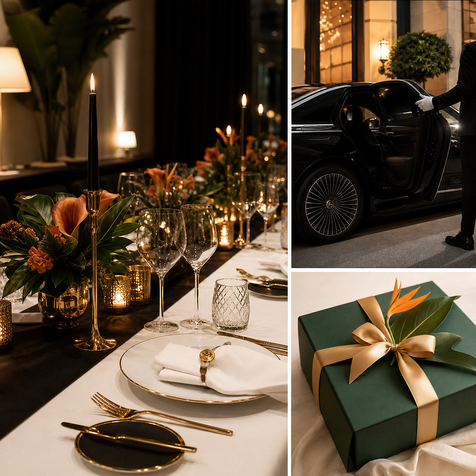 Collage aus festlicher Tafel, Chauffeur-Service und Geschenk.