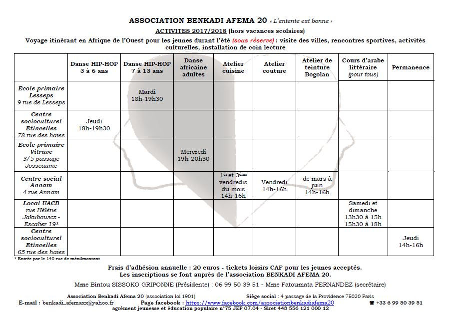 Calendrier des activités 2017-2018