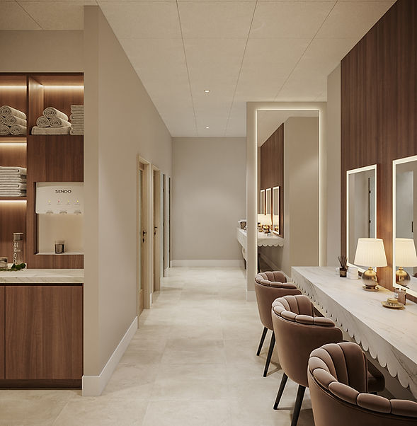 . “Modern gym locker room featuring sauna, steam showers, and beauty stations