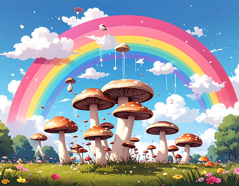 Firefly_cluster explosion of raw brown mushrooms falling from sky with colorful trippy psy