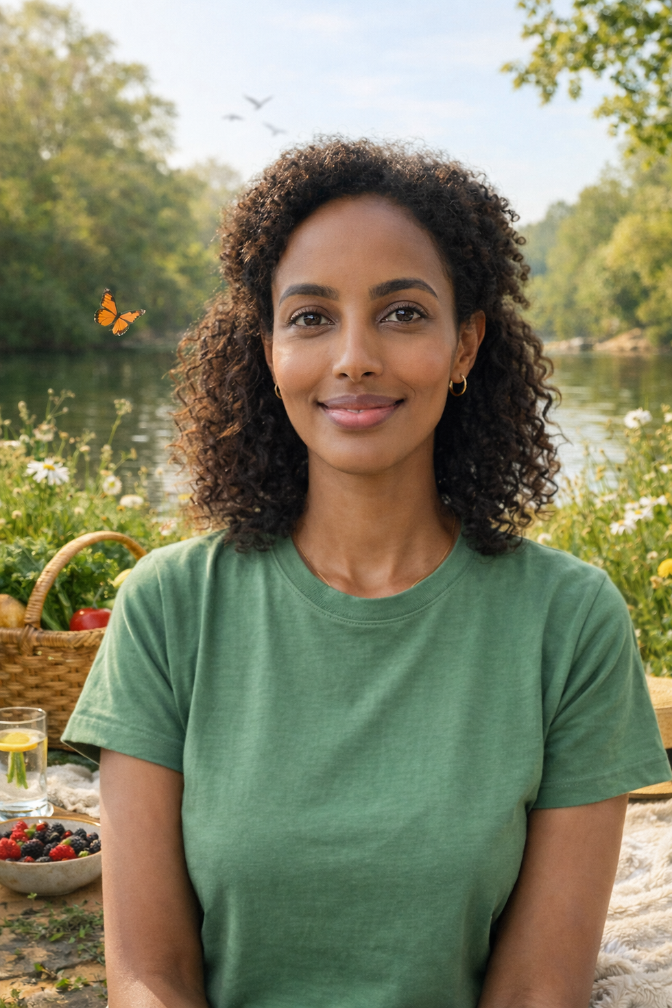 Peaceful woman with natural curly hair sitting outdoors by a lake, surrounded by greenery and soft sunlight, representing healing, inner calm, and freedom from chronic IBS pain.