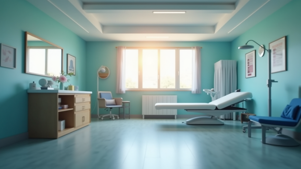 Eye-level view of physiotherapy clinic treatment room with exercise equipment