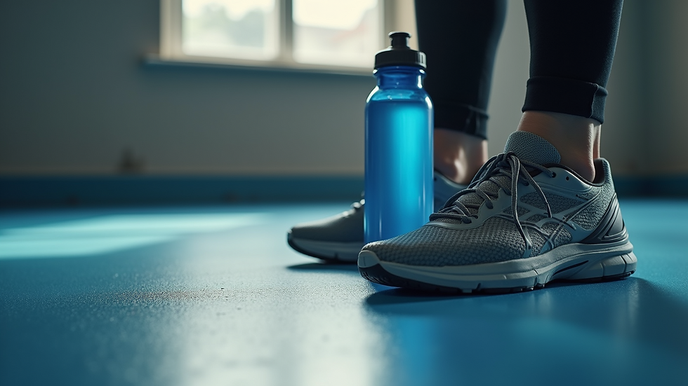 Close-up view of sports shoes and water bottle on gym floor