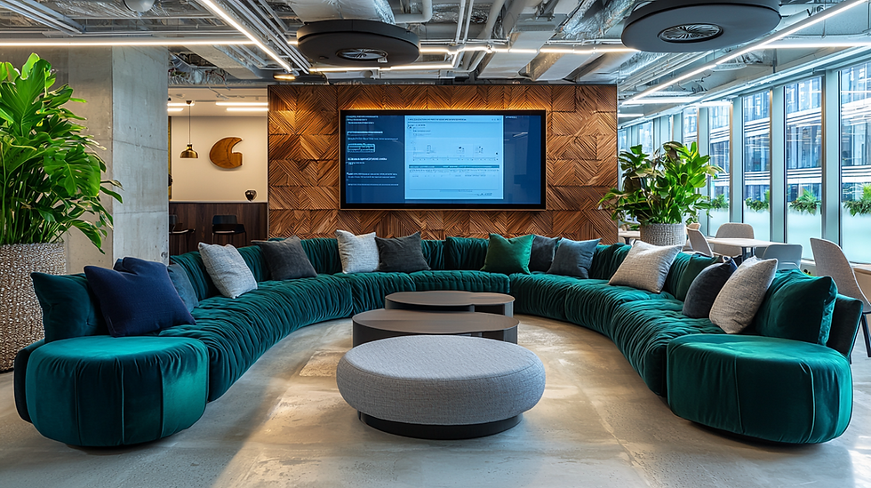 Modern office collaboration zone with a large green sofa, wooden feature wall, and biophilic design elements, reflecting contemporary CAT B trends in London.