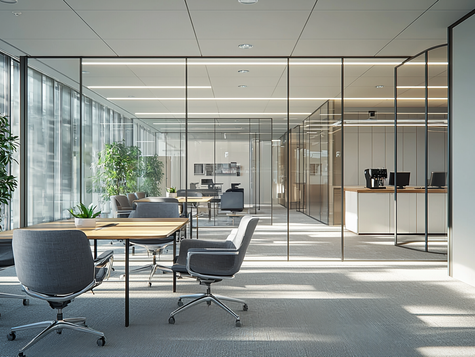 Modern London office interior with glass partitions, meeting rooms, and open workspaces, showcasing a functional CAT B fit-out .