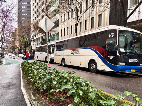 Coaches waiting in the city during an excursion
