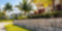 Stone retaining wall in a landscaped yard with palm trees and ornamental plants