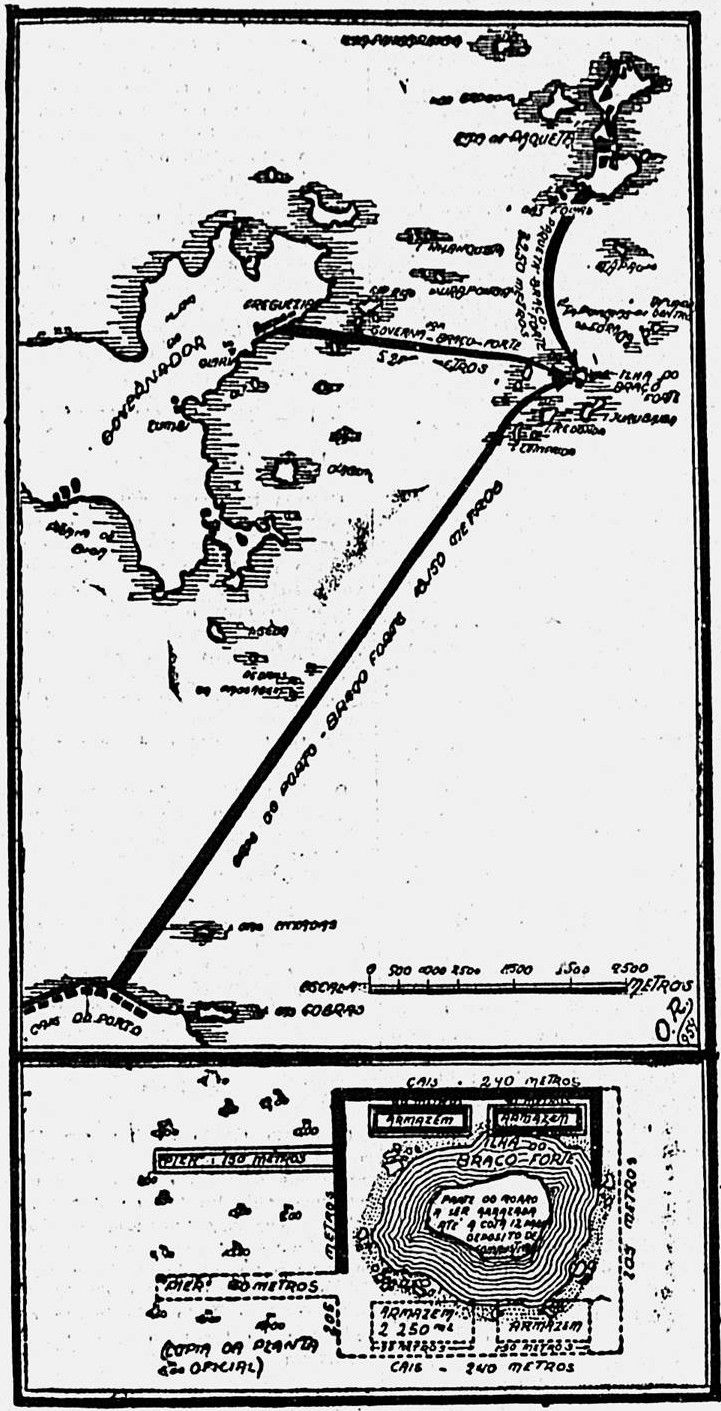 Foto 4. Mapas de localização da Ilha do Braço Forte. 1954. Desenho de Oscar Ramos. Jornal Correio da Manhã. Acervo BNRJ.