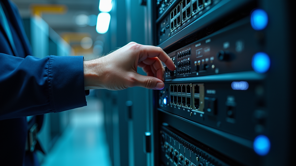 Close-up view of a computer technician configuring network equipment
