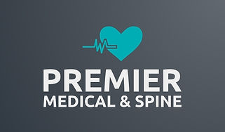 Premier Medical & Spine Clinic 的标志采用现代设计,配有清晰的字体和象征脊椎按摩疗法的徽章。