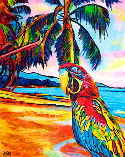 Painting of a parrot on a beach scene with two palm trees and the ocean in the background. 
