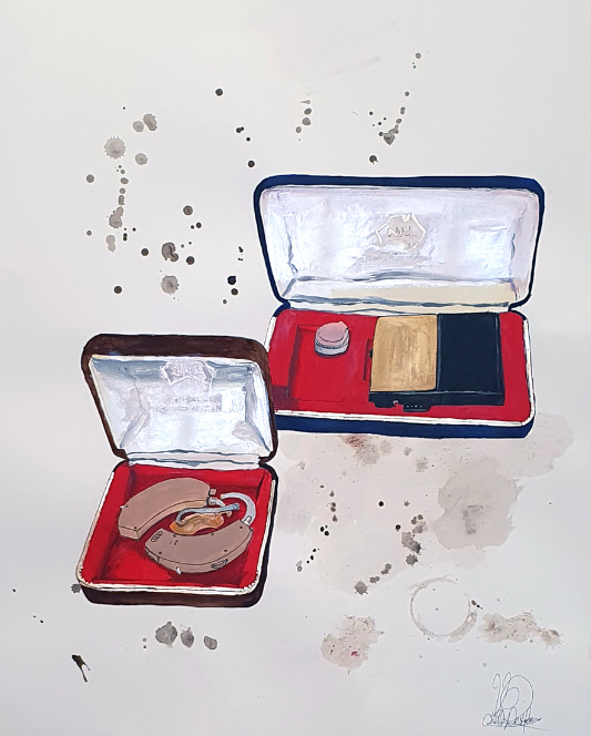 Painting of two cases containing different types of hearing aids.