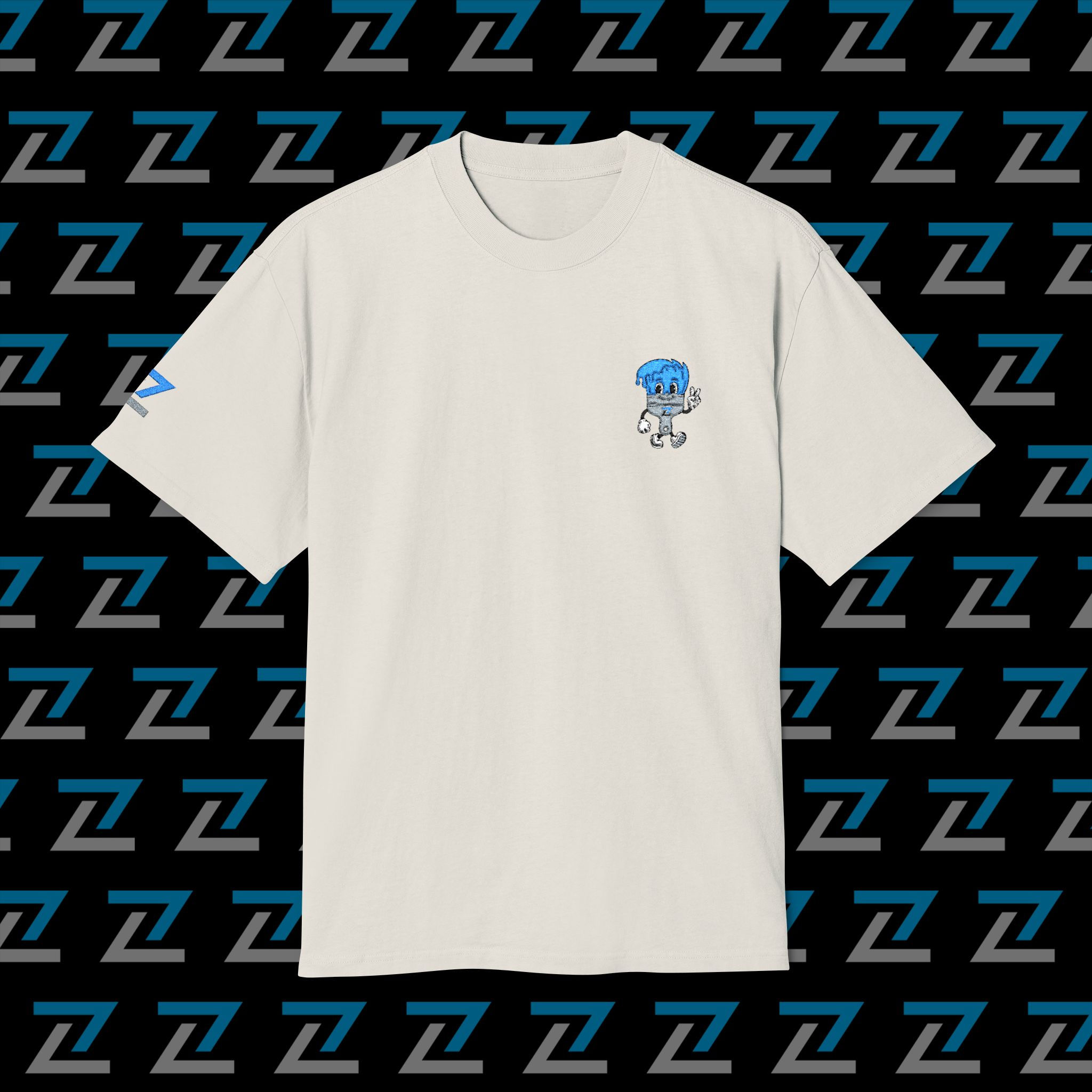 Beige t-shirt with small blue character