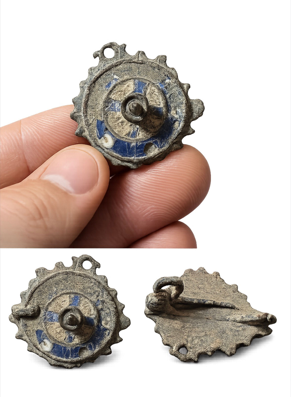 Ancient Roman Enamelled Disc Fibula Brooch – Blue & White Enamel 